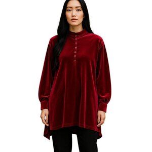 Ursime Blood Red Velvet Asymmetrical Hem Long Sleeved Blouse 2XL Cowboy Boho